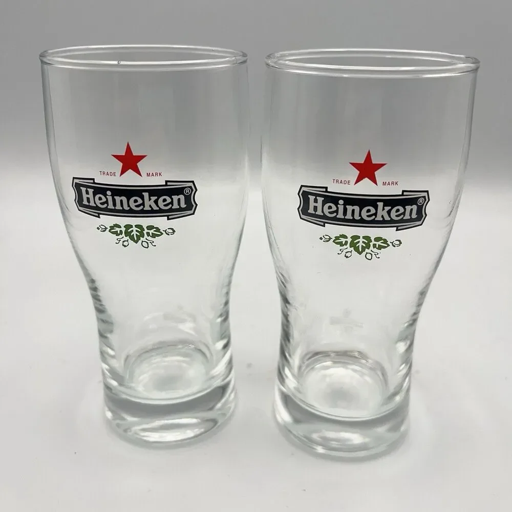 Heineken Beer Glasses .25L Red Star Etched Logo Reverse Bottom And .25L On Side